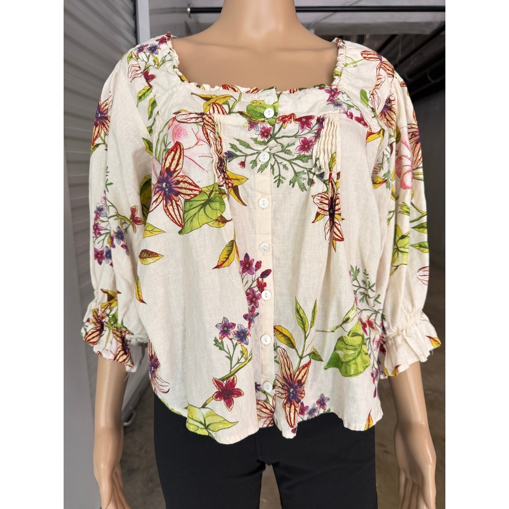 CHRISTIAN SIRIANO Floral Linen Blend Button Front Blouse Cream Large
